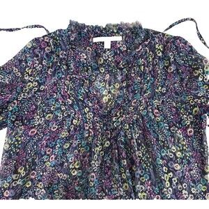 Lauren Conrad Floral Peasant Blouse Oversized XS Multi  Semi Sheer Frayed Tie